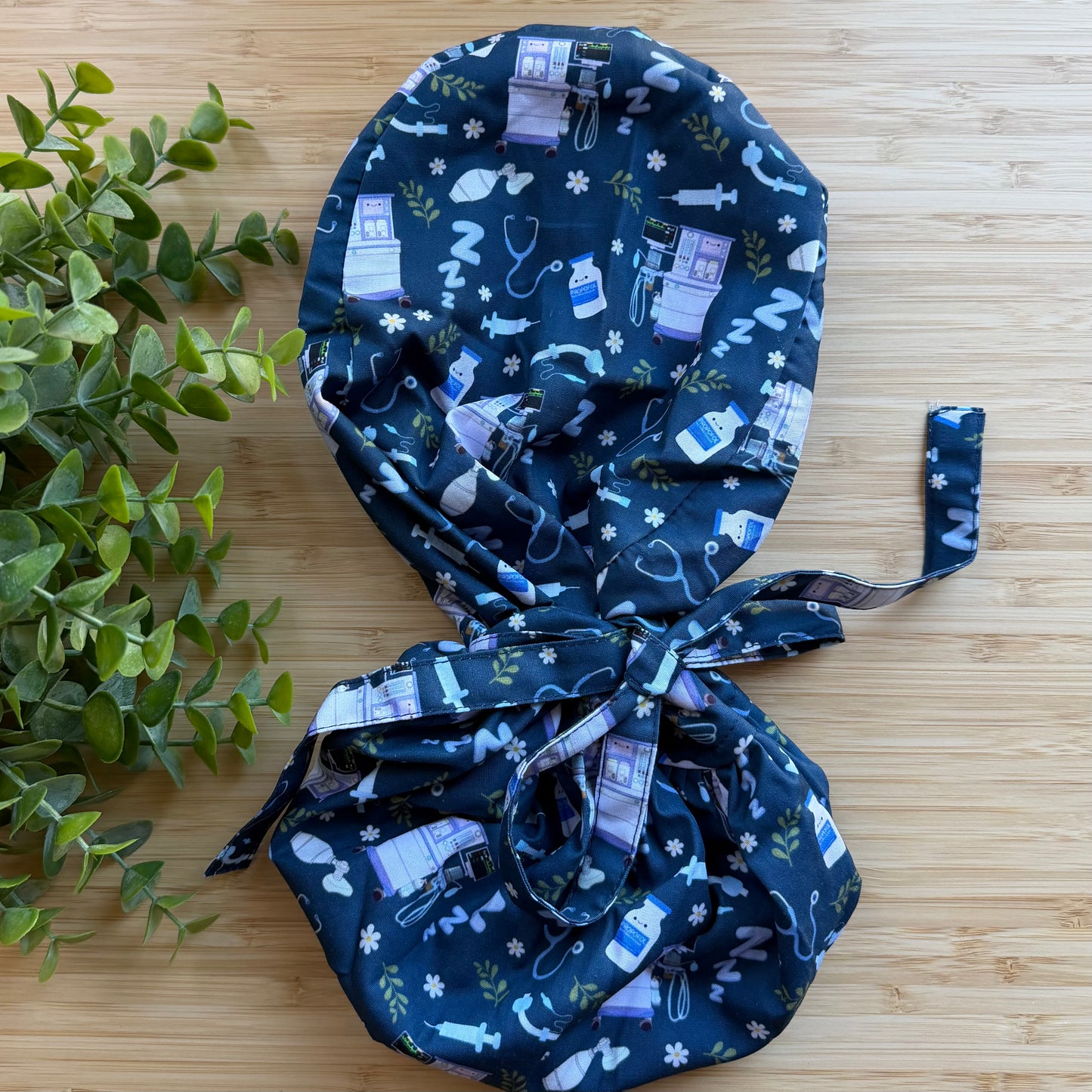 ANESTHESIOLOGY THEMED SATIN LINED PONYTAIL SCRUB CAP