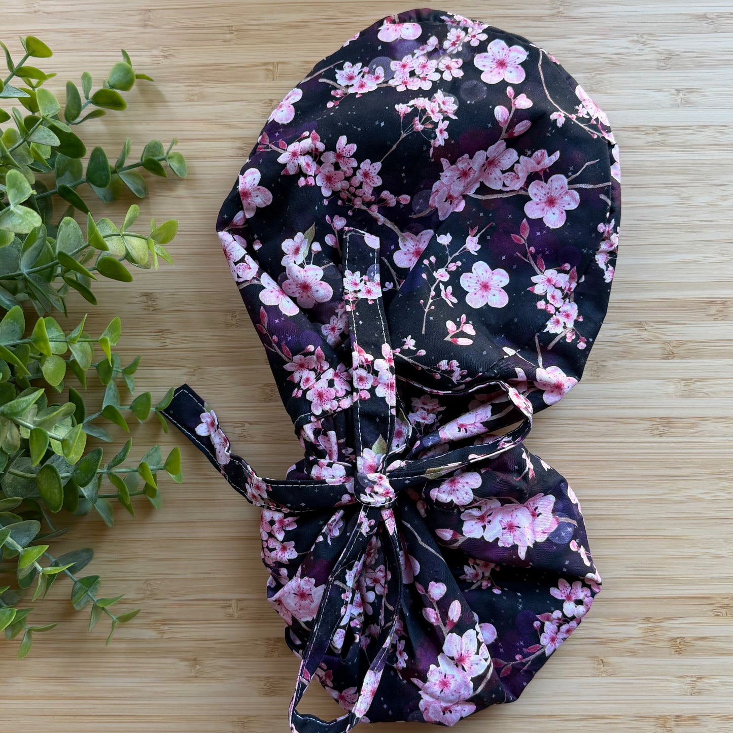 CHERRY BLOSSOM BLACK THEMED SATIN LINED PONYTAIL SCRUB CAP