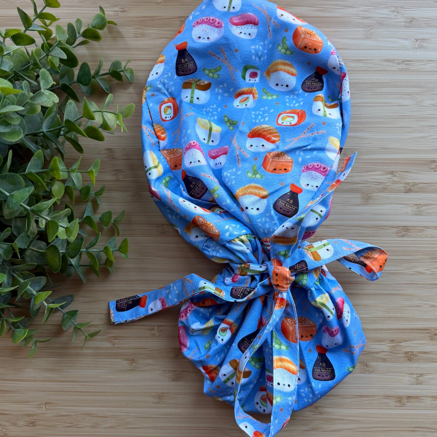 SUSHI THEMED SATIN LINED PONYTAIL SCRUB CAP