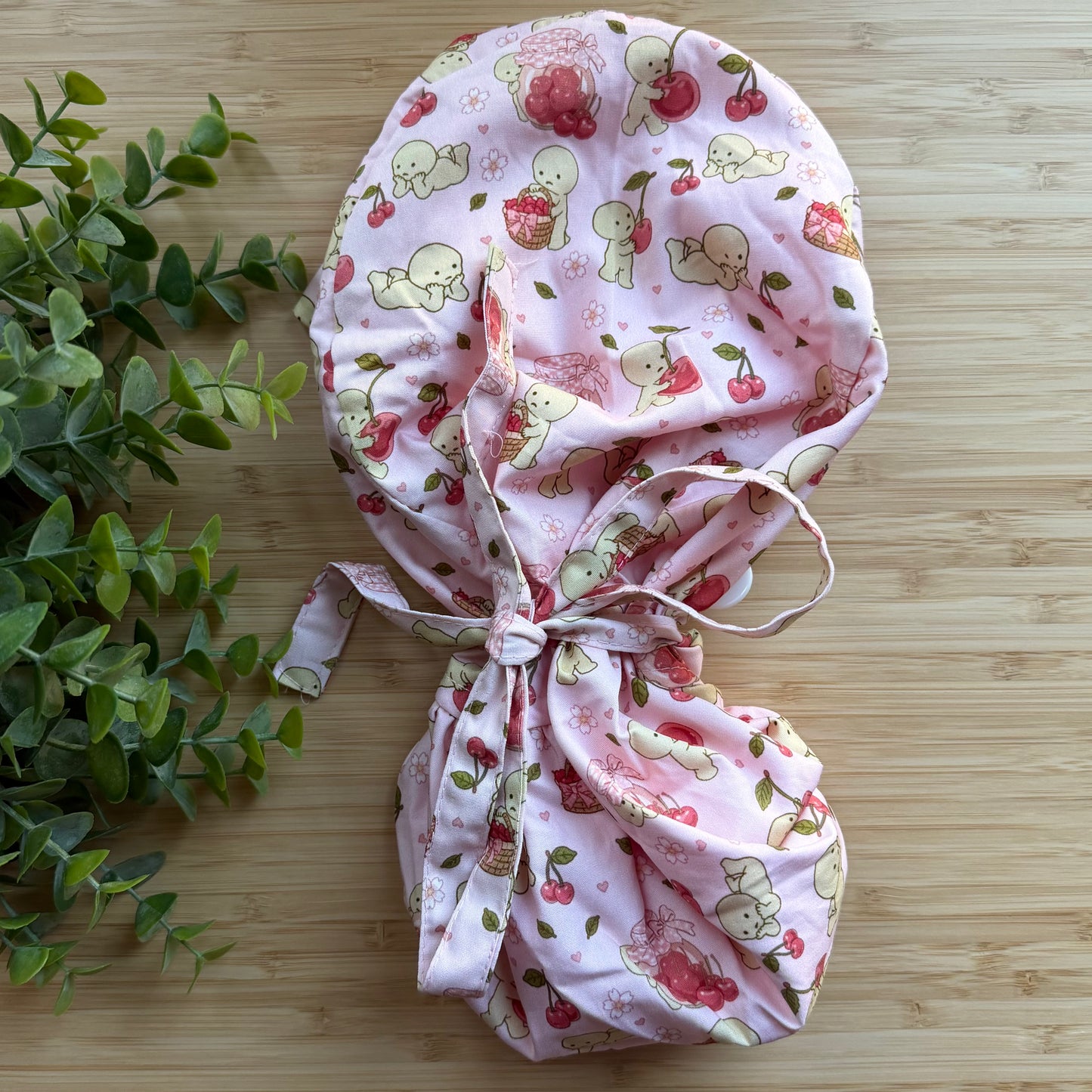 SMISKI CHERRY THEMED SATIN LINED PONYTAIL SCRUB CAP