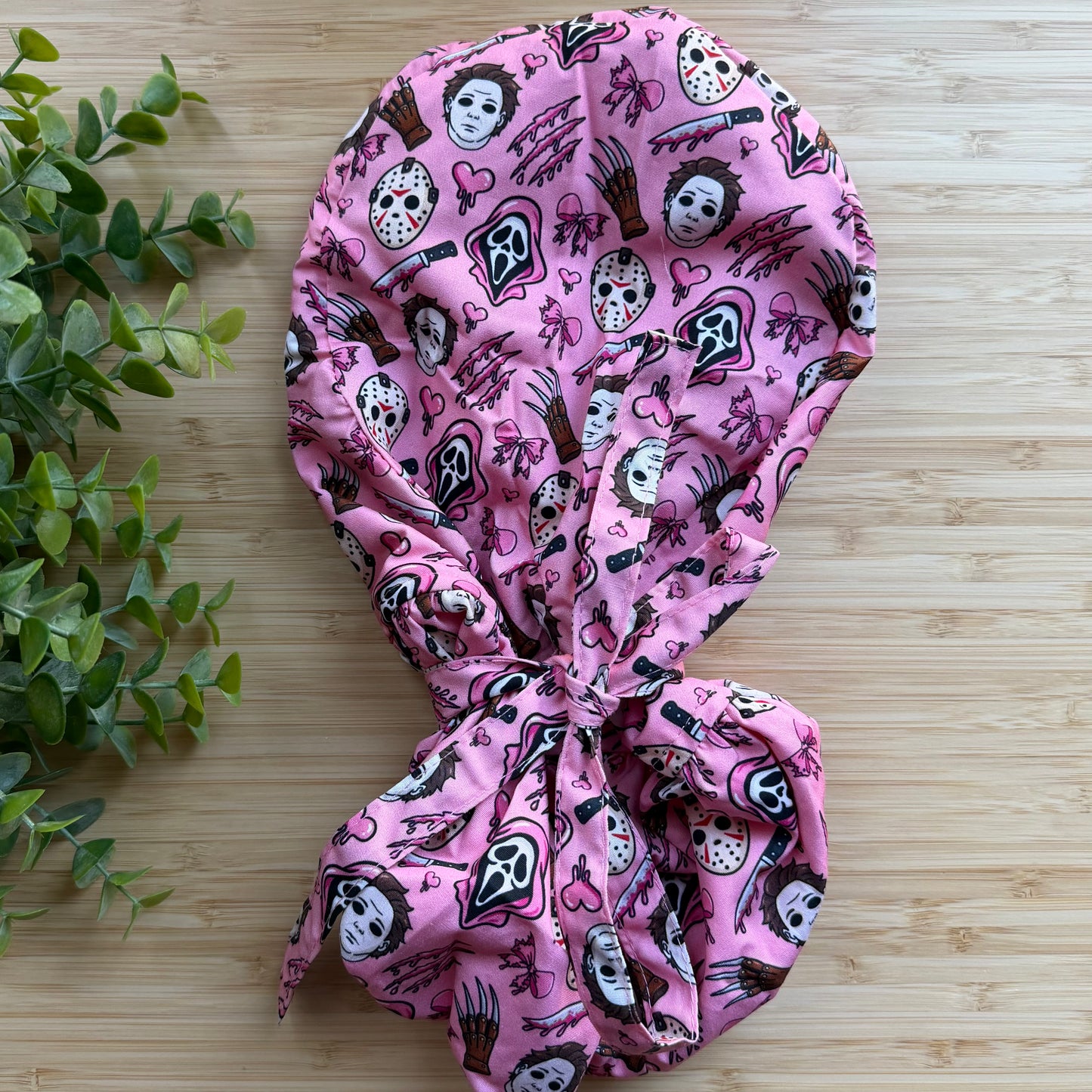 SCARY CHARACTERS PINK THEMED SATIN LINED PONYTAIL SCRUB CAP