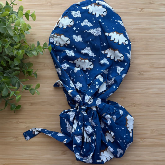 ATLA - DARK BLUE APPA FLYING AT NIGHT THEMED SATIN LINED PONYTAIL SCRUB CAP