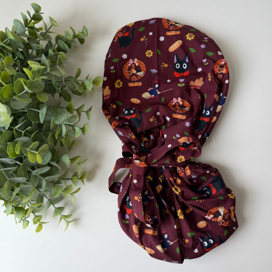KIKI'S DELIVERY SERVICE - DARK RED JIJI THEMED SATIN LINED PONYTAIL SCRUB CAP