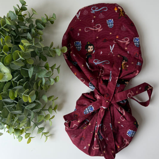 ATLA - FIRE NATION ZUKO + AZULA THEMED SATIN LINED PONYTAIL SCRUB CAP