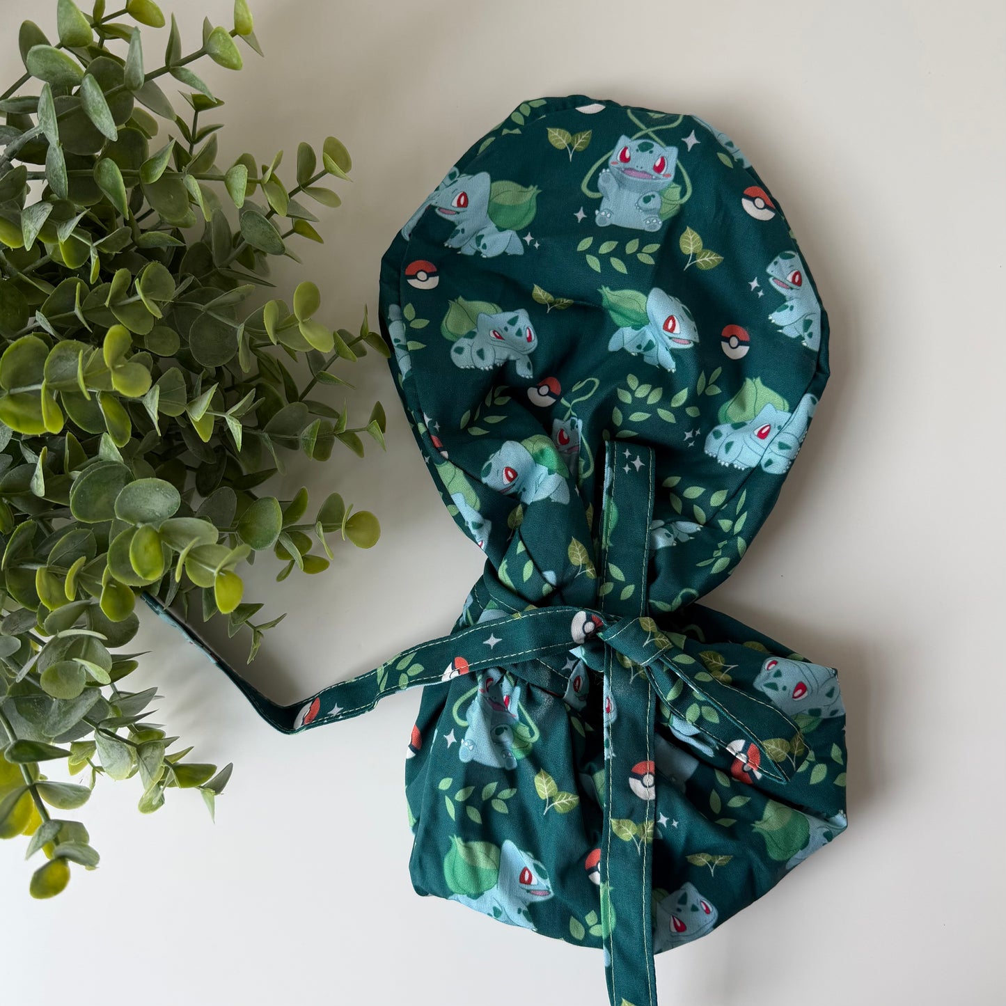 POKEMON - BULBASAUR WITH PLANTS THEMED SATIN LINED PONYTAIL SCRUB CAP