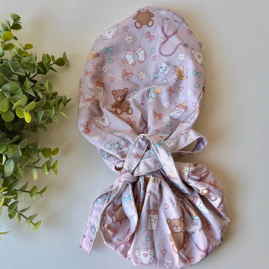 LABOR AND DELIVERY THEMED SATIN LINED PONYTAIL SCRUB CAP