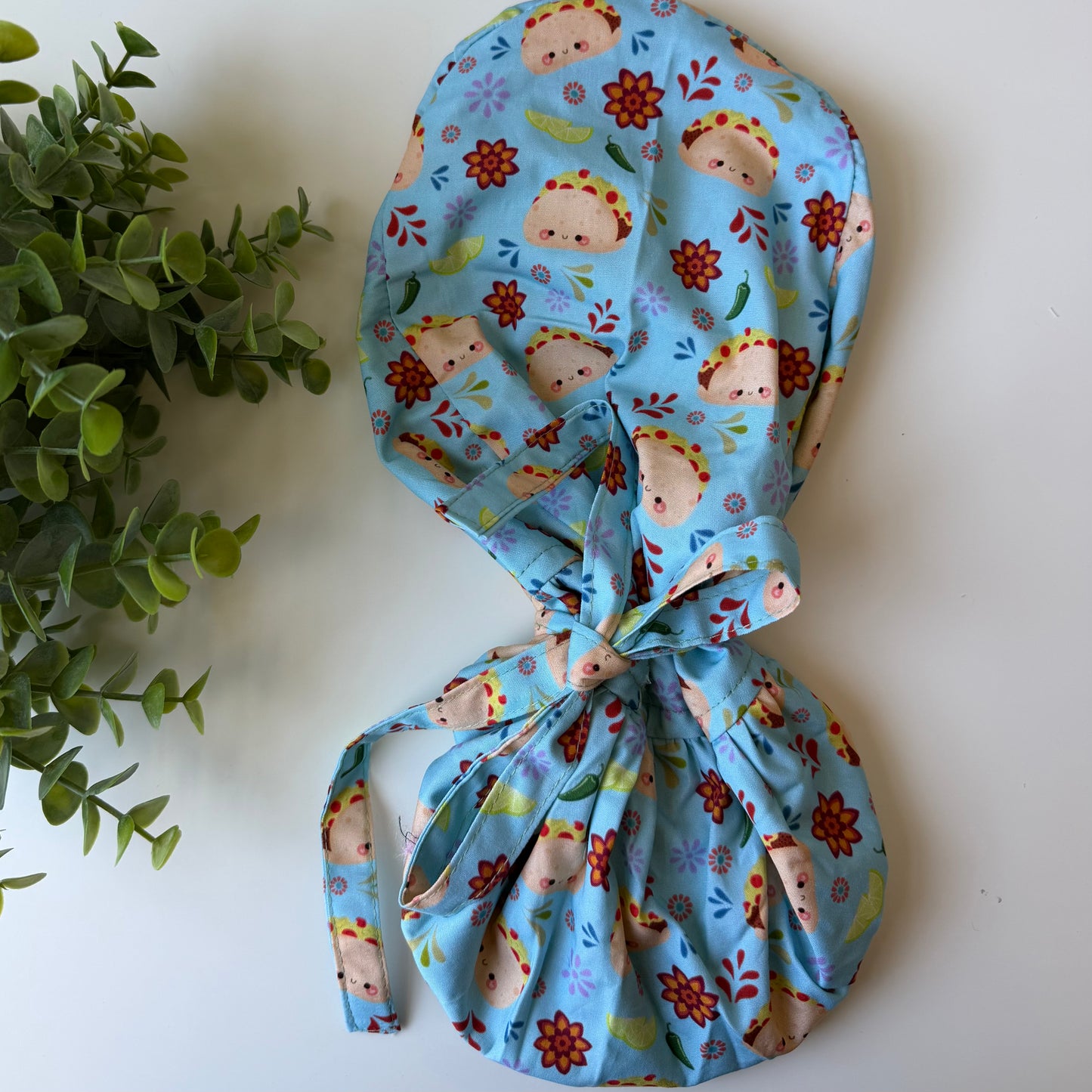 TACO THEMED SATIN LINED PONYTAIL SCRUB CAP