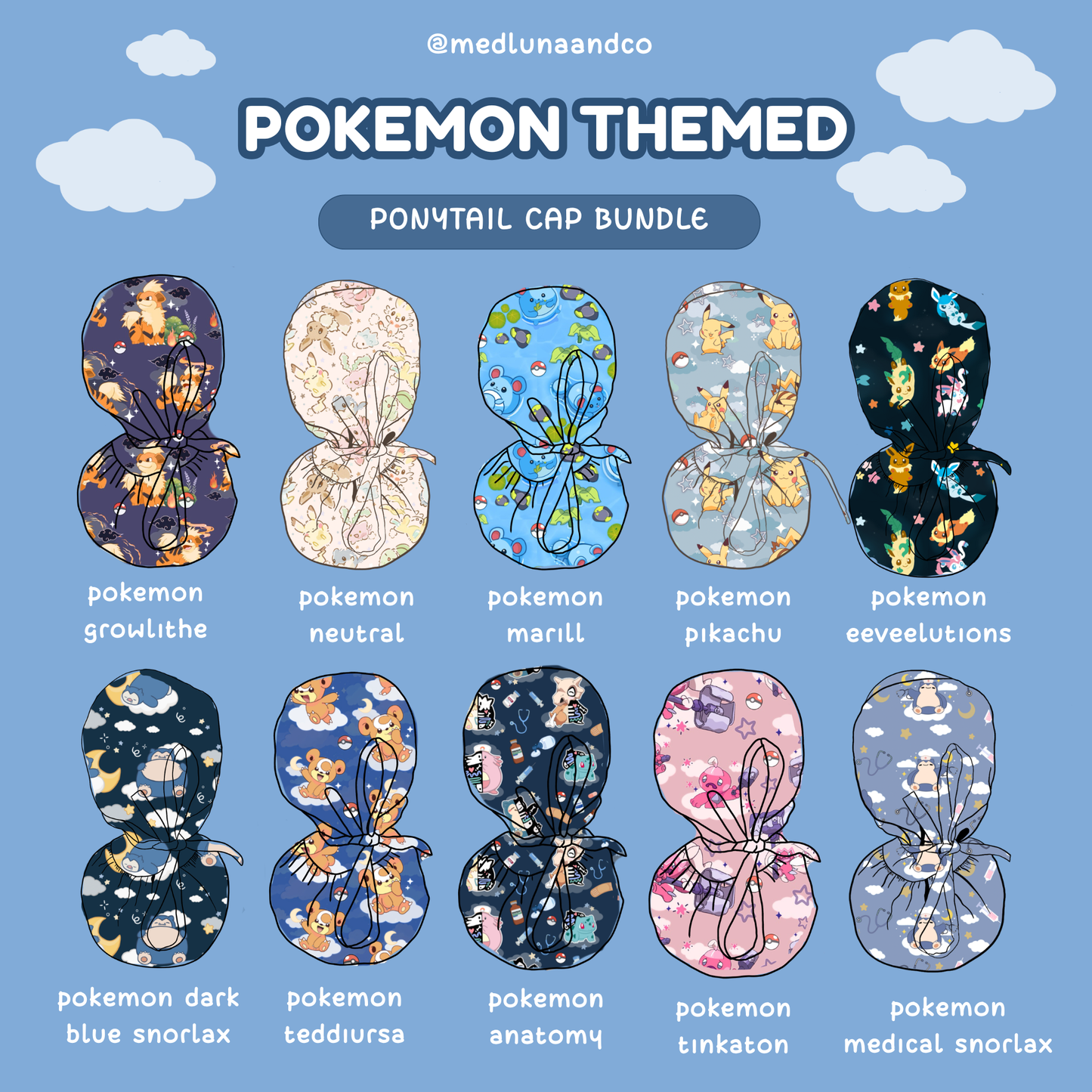 POKEMON THEMED SATIN LINED PONYTAIL SCRUB CAP BUNDLE