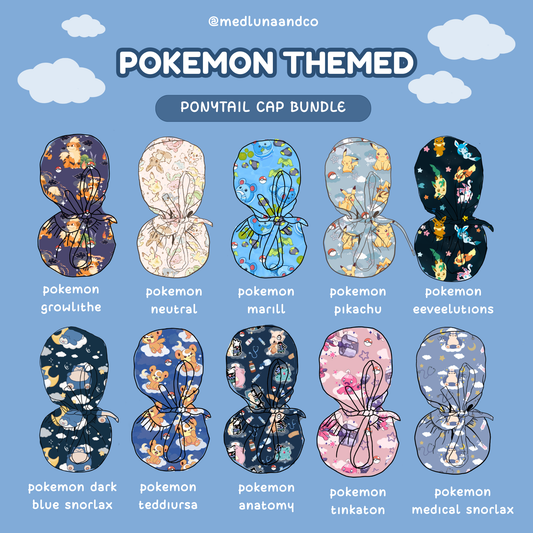 POKEMON THEMED SATIN LINED PONYTAIL SCRUB CAP BUNDLE