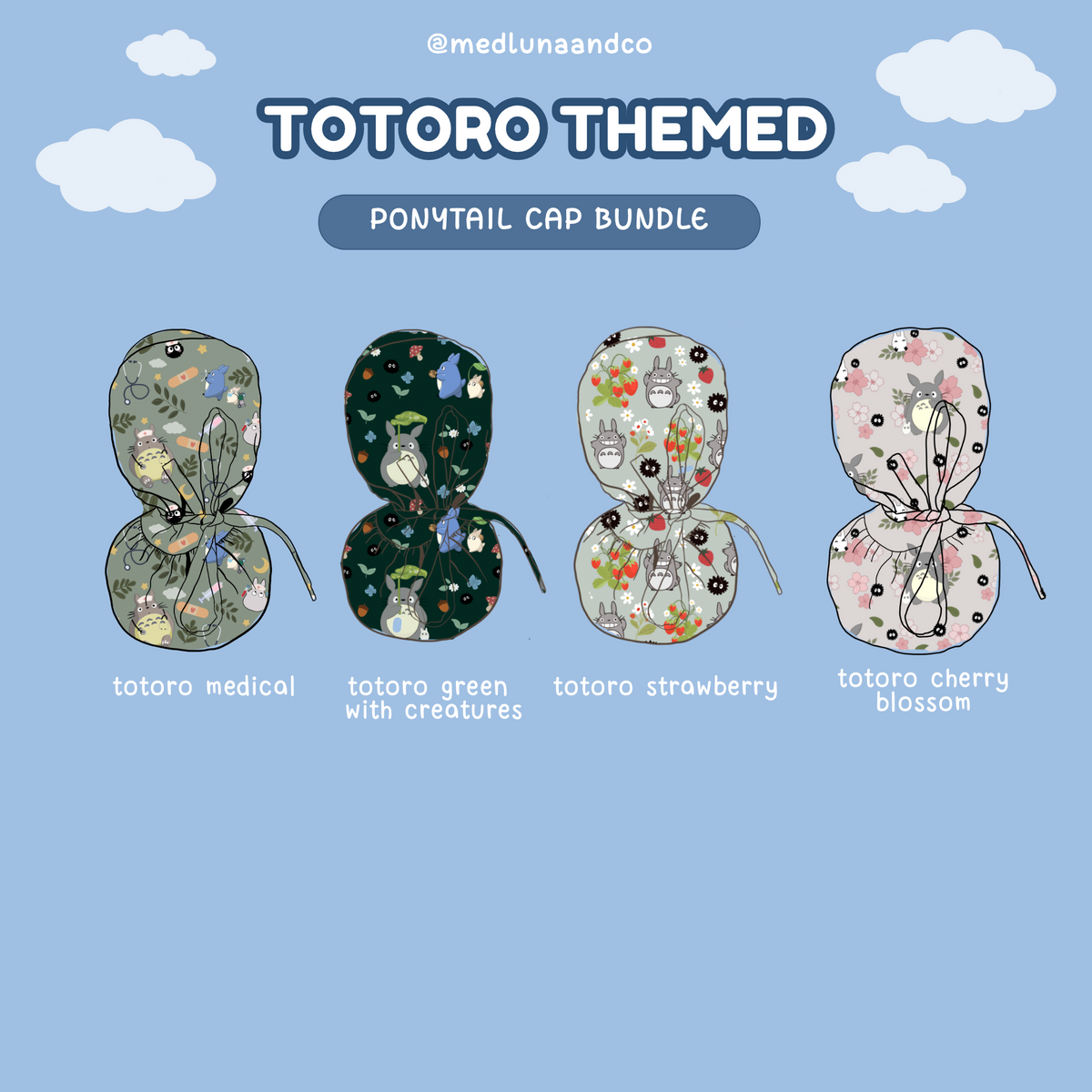 MY NEIGHBOR TOTORO THEMED SATIN LINED PONYTAIL SCRUB CAP BUNDLE